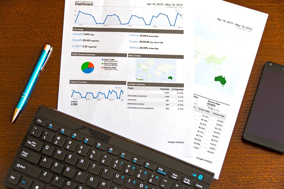 Flatlay of a business analytics report, keyboard, pen